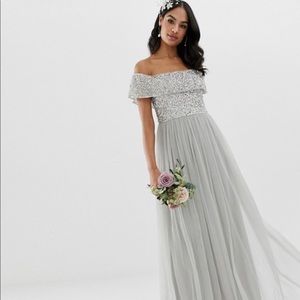Grey/Silver sequin ASOS maxi bridesmaid dress